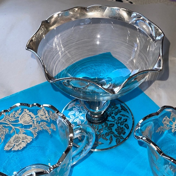 VTG Glass Sugar Bowl Footed with Etched With Silver Trim And Flowers, set of 3 - Picture 3 of 6